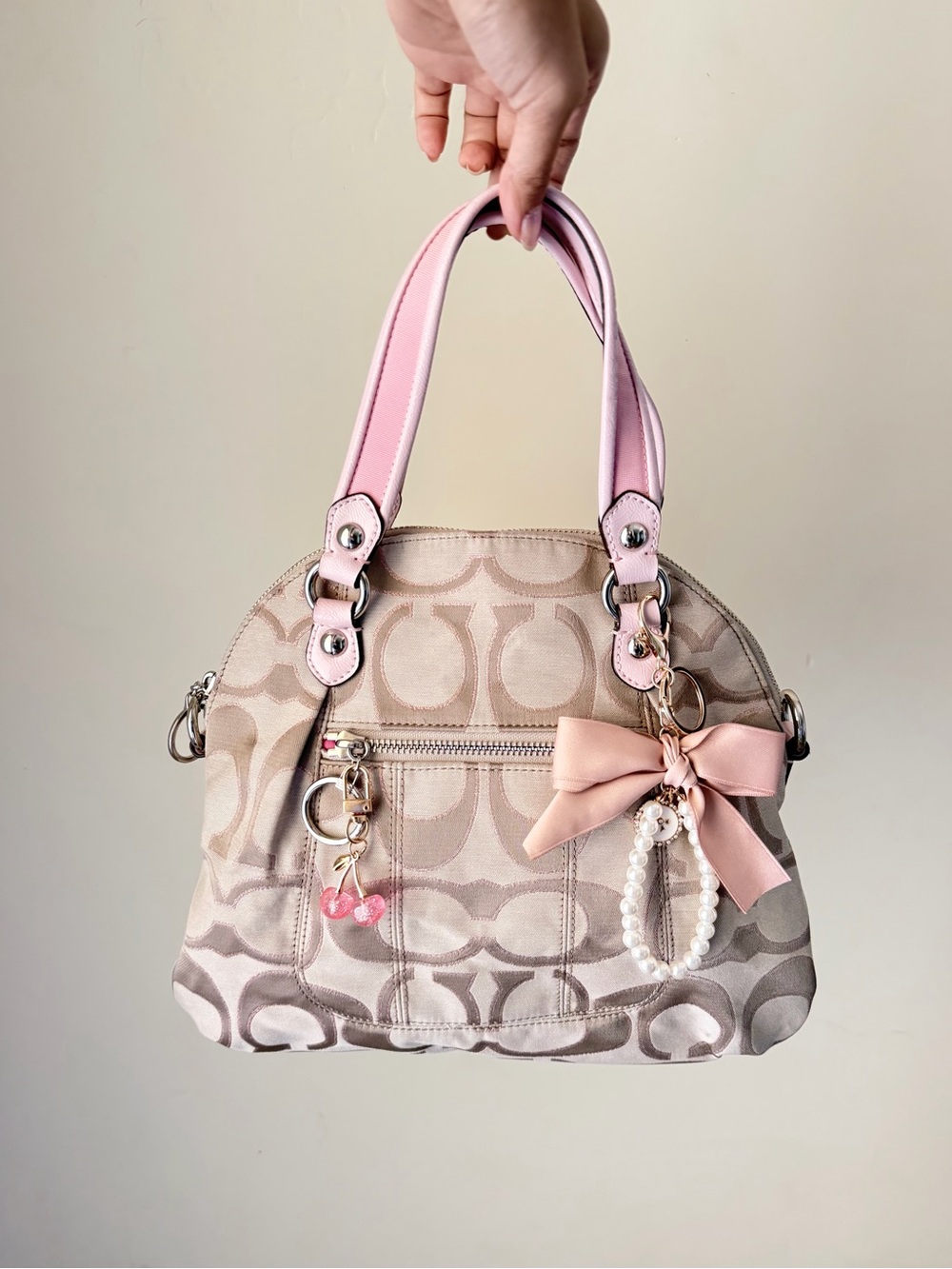 Coach Poppy signature jacquard dome bag in khaki and pink
